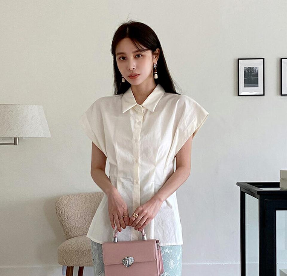 ウエストタックバンドスリーブシャツ・全2色・t00518 レディース 【bl】ブラウス トップス 半袖 シャツ 襟 ボタン 単色 無地 シンプル ベーシック タック バンドスリーブ 春 夏 フェミニン 大人っぽ 綿 韓国ファッション ハイホリHIHOLLI