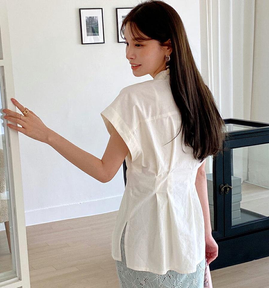 ウエストタックバンドスリーブシャツ・全2色・t00518 レディース 【bl】ブラウス トップス 半袖 シャツ 襟 ボタン 単色 無地 シンプル ベーシック タック バンドスリーブ 春 夏 フェミニン 大人っぽ 綿 韓国ファッション ハイホリHIHOLLI