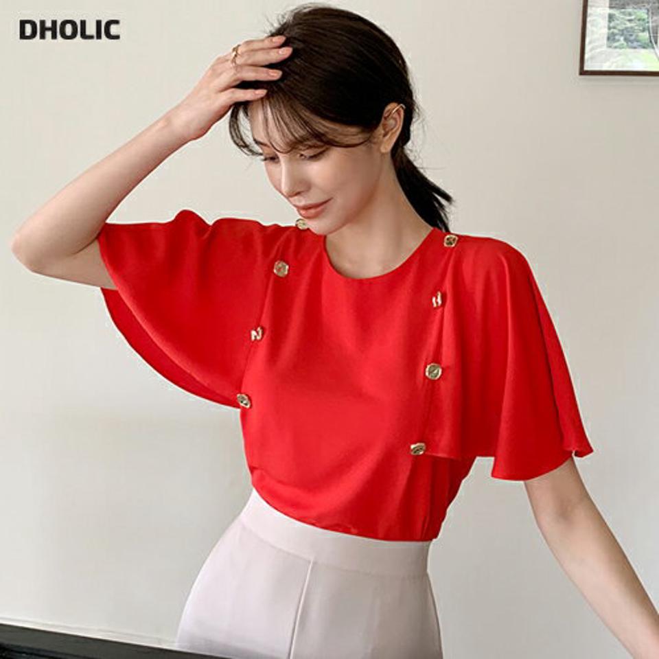 【マラソン特価】ゴールドボタンケープブラウス・全3色・b00516 レディース 【bl】ブラウス トップス 半袖 配色 ボタン ゴールド ケープ ゆったり 体型カバー 春 夏 大人 二の腕カバー 上品 フェミニン オフィスカジュアル 韓国ファッション ハイホリHIHOLLI セール