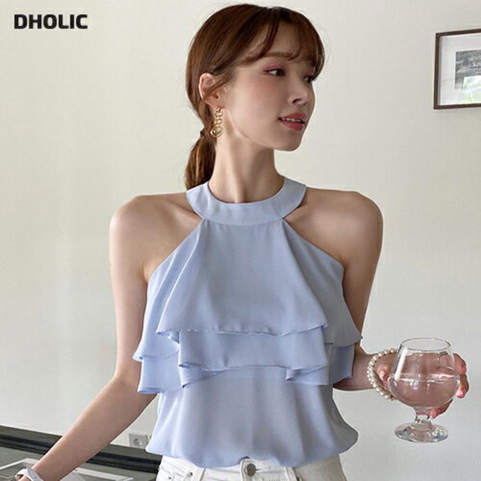 2WAYホルターネックフリルノースリーブ・全4色・b00514 レディース 【tops】トップス ノースリーブ スリーブレス 単色 フリル パステル ホルターネック 肩だし 肌見せ 春 夏 水色 フェミニン ティアード きれいめ 大人 y2k 韓国ファッション ハイホリHIHOLLI
