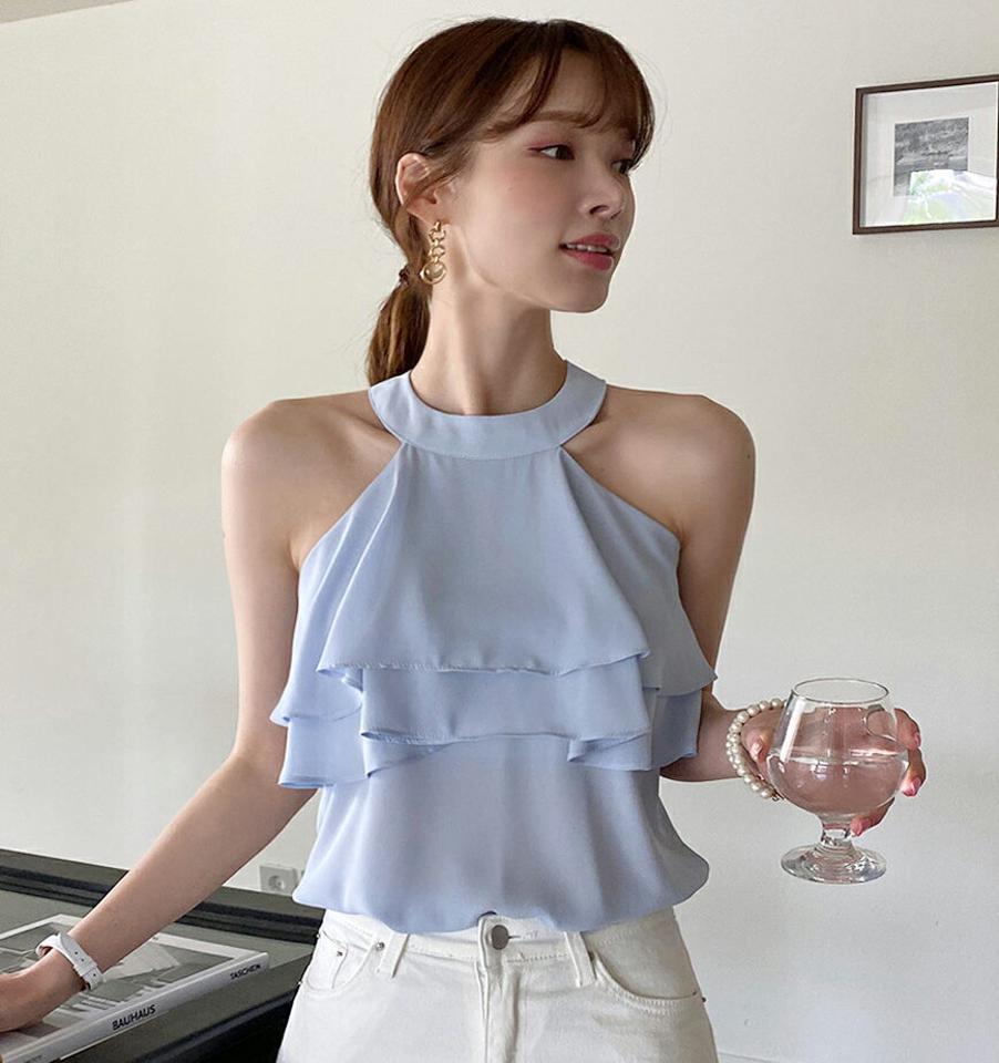 2WAYホルターネックフリルノースリーブ・全4色・b00514 レディース 【tops】トップス ノースリーブ スリーブレス 単色 フリル パステル ホルターネック 肩だし 肌見せ 春 夏 水色 フェミニン ティアード きれいめ 大人 y2k 韓国ファッション ハイホリHIHOLLI