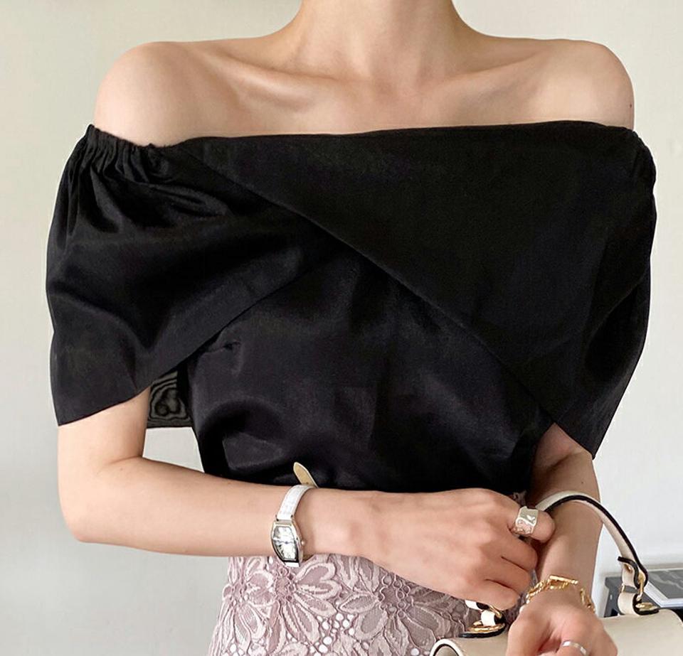 【スーパーセール特価】2WAYショルダーディテールブラウス・全2色・b00513 レディース 【bl】ブラウス トップス 単色 無地 シフォン オフショルダー 2WAY フェミニン 上品 大人っぽ 春 夏 半袖 きれいめ パステル 韓国ファッション ハイホリHIHOLLI