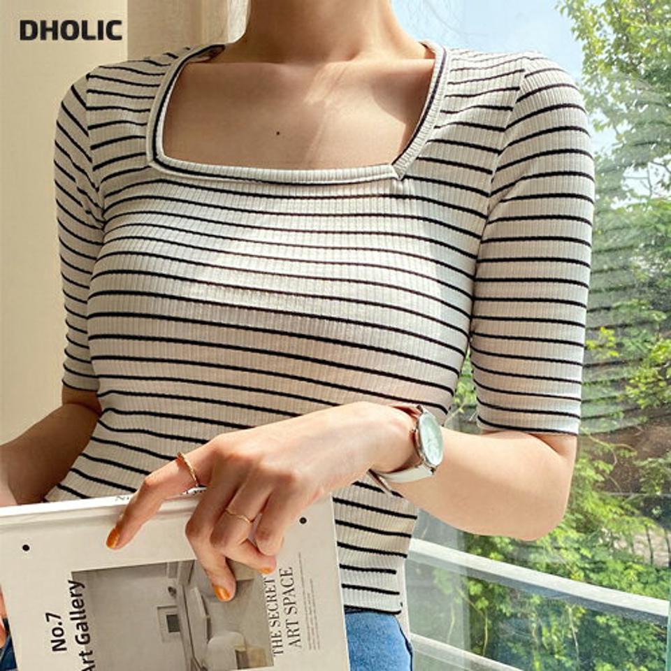 スクエアボーダーTシャツ・全4色・t67341 レディース 【tops】トップス Tシャツ 半袖 ボーダー柄 スクエアネック デコルテ 鎖骨 カジュアル ラフ リブ クロップド丈 スリム 春 夏 韓国ファッション