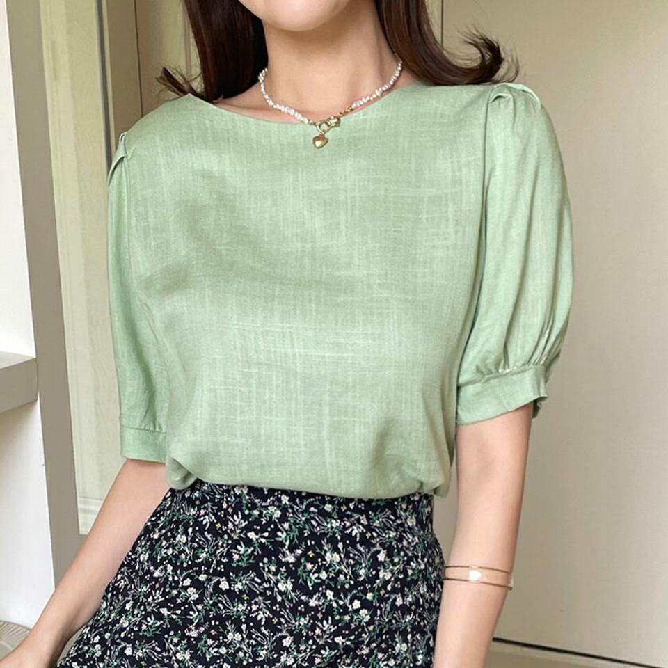 リネン混パフラウンドネックブラウス・全5色・t67378 レディース 【bl】トップス ブラウス 半袖 パフ袖 パフスリーブ リネン ラウンドネック 単色 無地 シンプル ベーシック 大人 春 夏 韓国ファッション