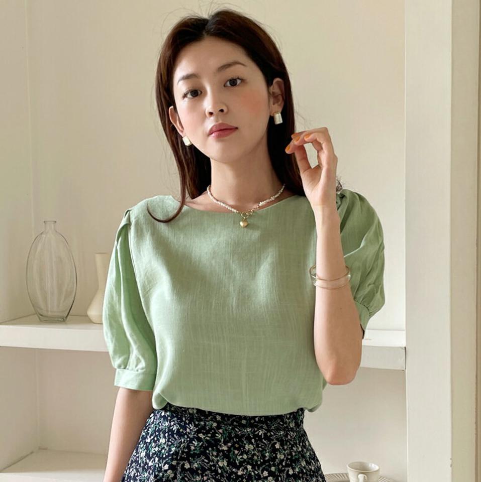 リネン混パフラウンドネックブラウス・全5色・t67378 レディース 【bl】トップス ブラウス 半袖 パフ袖 パフスリーブ リネン ラウンドネック 単色 無地 シンプル ベーシック 大人 春 夏 韓国ファッション