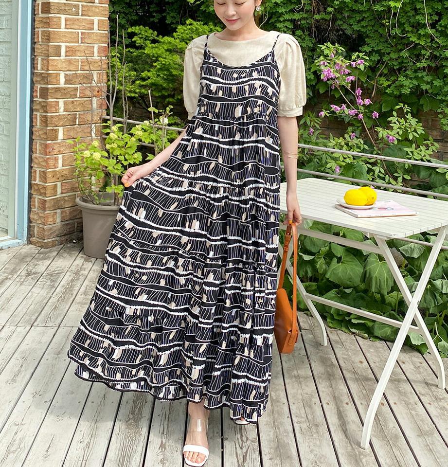 【マラソン特価】パターンキャミティアードワンピース・全3色・t67350 レディース 【ops】ワンピース ロング丈 ロングワンピース キャミソール ノースリーブ レイヤード 総柄 カジュアル 体型カバー ラフ フレア ティアード リゾート 春 夏 韓国ファッション