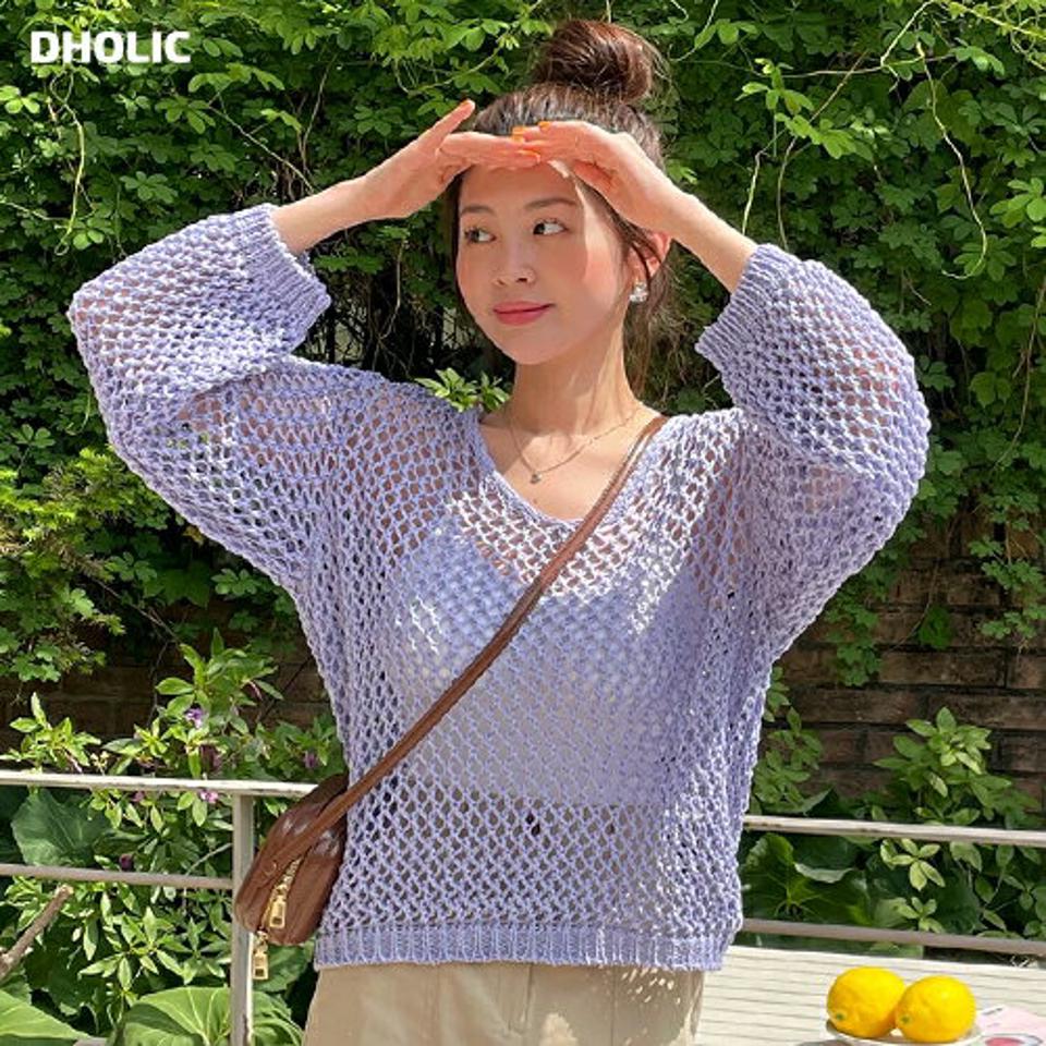 Vネックシアーネットニット・全5色・t67348 レディース 【tops】トップス ニット 長袖 透け感 シアー Vネック 単色 無地 シンプル カラーニット カジュアル ラフ シースルー ゆったり 春 秋 韓国ファッション