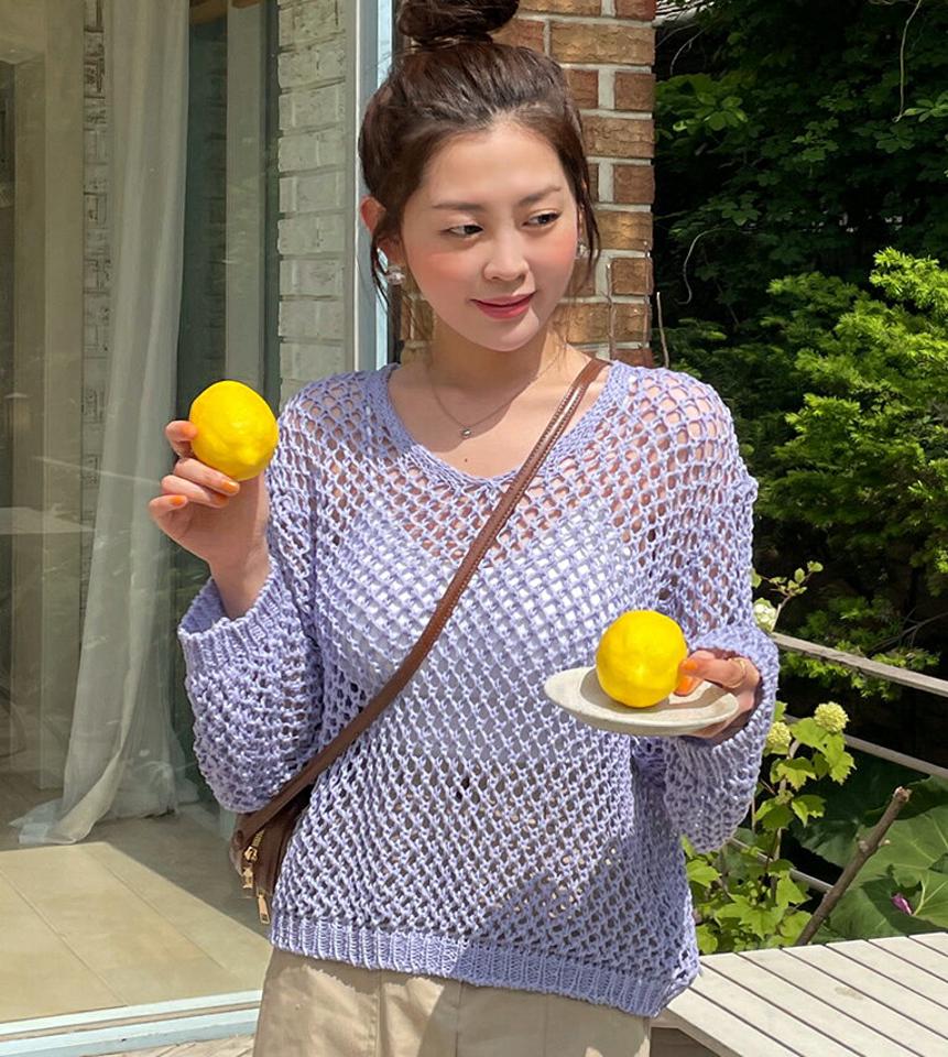 Vネックシアーネットニット・全5色・t67348 レディース 【tops】トップス ニット 長袖 透け感 シアー Vネック 単色 無地 シンプル カラーニット カジュアル ラフ シースルー ゆったり 春 秋 韓国ファッション