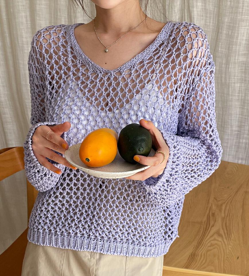 Vネックシアーネットニット・全5色・t67348 レディース 【tops】トップス ニット 長袖 透け感 シアー Vネック 単色 無地 シンプル カラーニット カジュアル ラフ シースルー ゆったり 春 秋 韓国ファッション