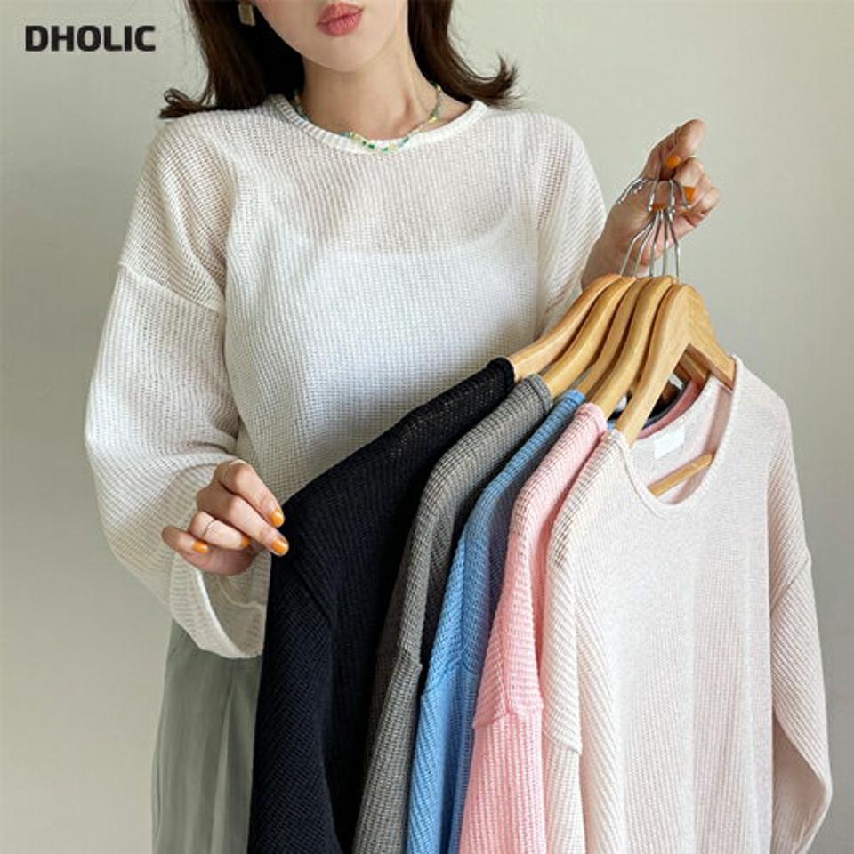 シアーワッフルTシャツ・全6色・t67347 レディース 【tops】トップス Tシャツ 長袖 ワッフル 透け感 シアー シースルー 単色 無地 シンプル ベーシック カジュアル ラフ ルーズ ゆったり ラウンドネック ドロップショルダー 春 秋 韓国ファッション
