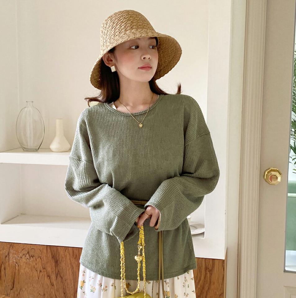 シアーワッフルTシャツ・全6色・t67347 レディース 【tops】トップス Tシャツ 長袖 ワッフル 透け感 シアー シースルー 単色 無地 シンプル ベーシック カジュアル ラフ ルーズ ゆったり ラウンドネック ドロップショルダー 春 秋 韓国ファッション