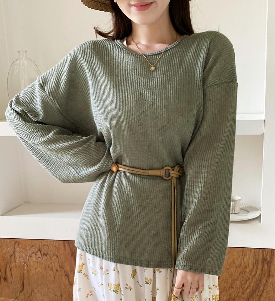 シアーワッフルTシャツ・全6色・t67347 レディース 【tops】トップス Tシャツ 長袖 ワッフル 透け感 シアー シースルー 単色 無地 シンプル ベーシック カジュアル ラフ ルーズ ゆったり ラウンドネック ドロップショルダー 春 秋 韓国ファッション