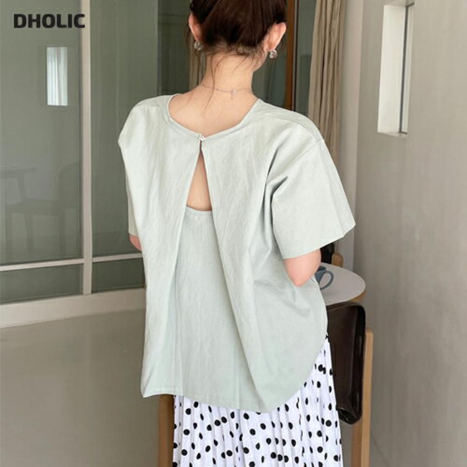 バックスリット半袖ブラウス・全3色・b67344 レディース 【bl】トップス ブラウス 半袖 ハーフスリーブ 背中見せ バックシャン バックコンシャス 単色 無地 シンプル ラウンドネック 大人 コットン 綿 春 夏 韓国ファッション