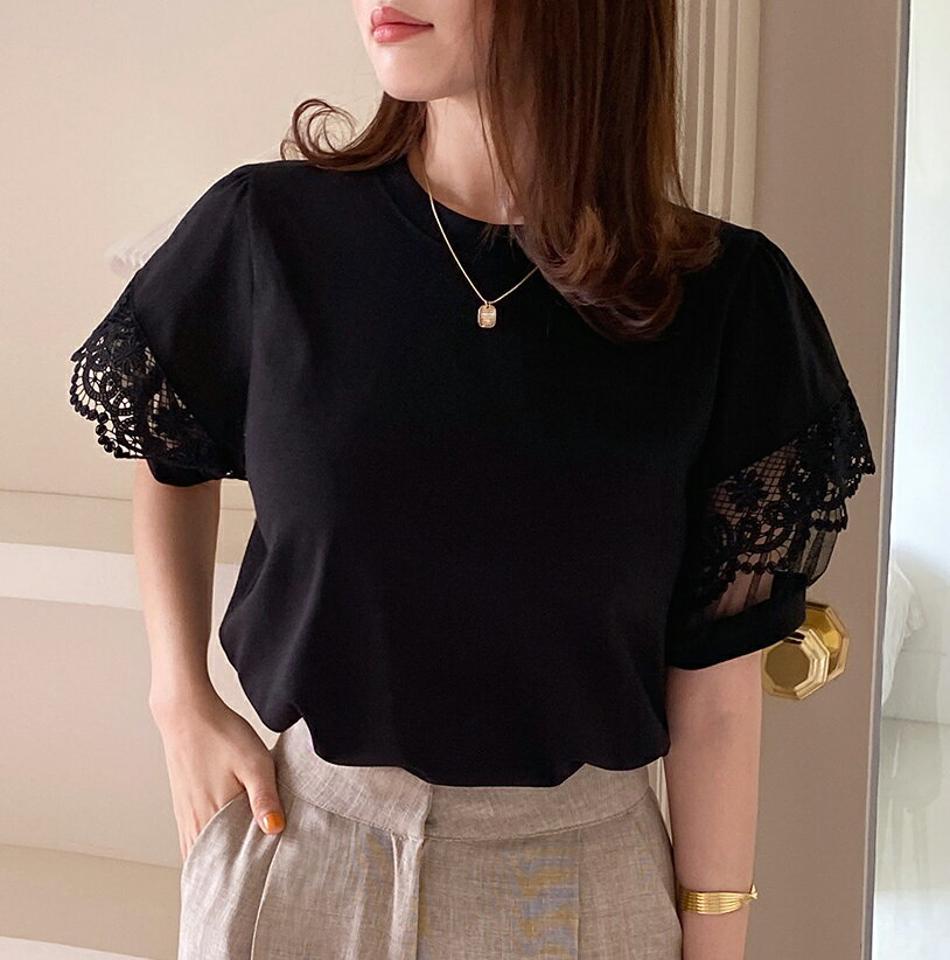 レースシアーパフTシャツ・全2色・b67342 レディース 【tops】トップス Tシャツ 半袖 ハーフスリーブ パフ袖 パフスリーブ レース 透け感 シアー シースルー 袖コン ガーリー フェミニン きれいめ 大人 二の腕カバー 春 夏 韓国ファッション