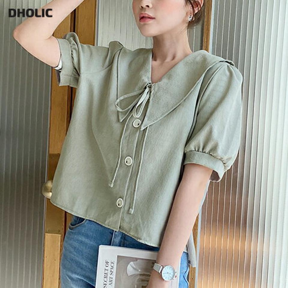 リボンネックビッグカラーブラウス・全4色・t67375 レディース 【bl】トップス ブラウス 半袖 襟コン 大きい襟 りぼん 単色 ガーリー かわいい 可愛い ボリューム袖 パフスリーブ パフ袖 大人 春 夏 韓国ファッション