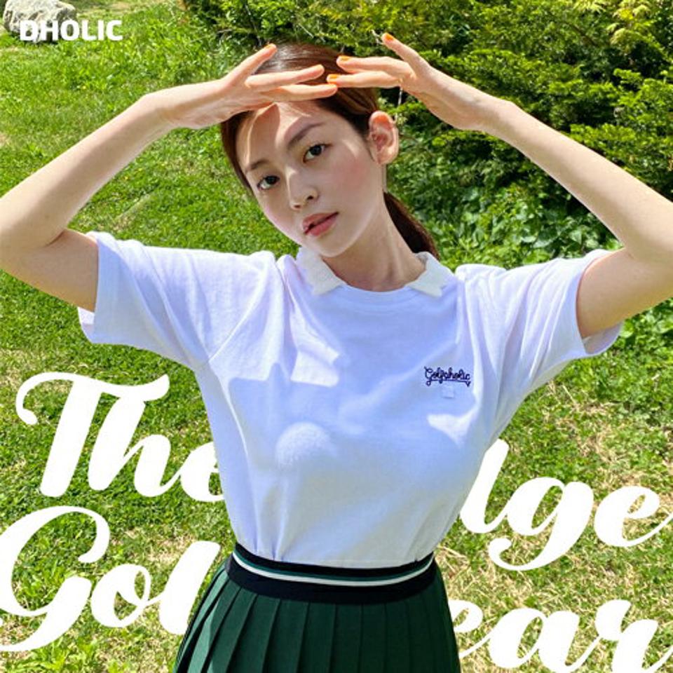 刺繍ロゴカラーTシャツ・全2色・02239 レディース 【tops】トップス Tシャツ 半袖 ロゴ 刺繍 襟コン ポロ襟 ラフ カジュアル ユニーク スカラップ 春 夏 韓国ファッション GOLFWEAR ゴルフウェア