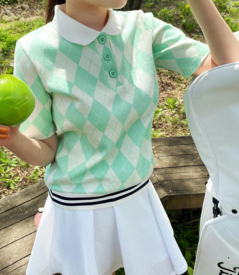 アーガイルカラーTシャツ・全2色・02240 レディース 【tops】トップス ポロ襟 襟コン アーガイル柄 半袖 スポーティー スポーツ ボタン ポロシャツ テニス 衣装 かわいい 可愛い ガーリー レトロ y2k 黄緑 春 夏 韓国ファッション GOLFWEAR ゴルフウェア