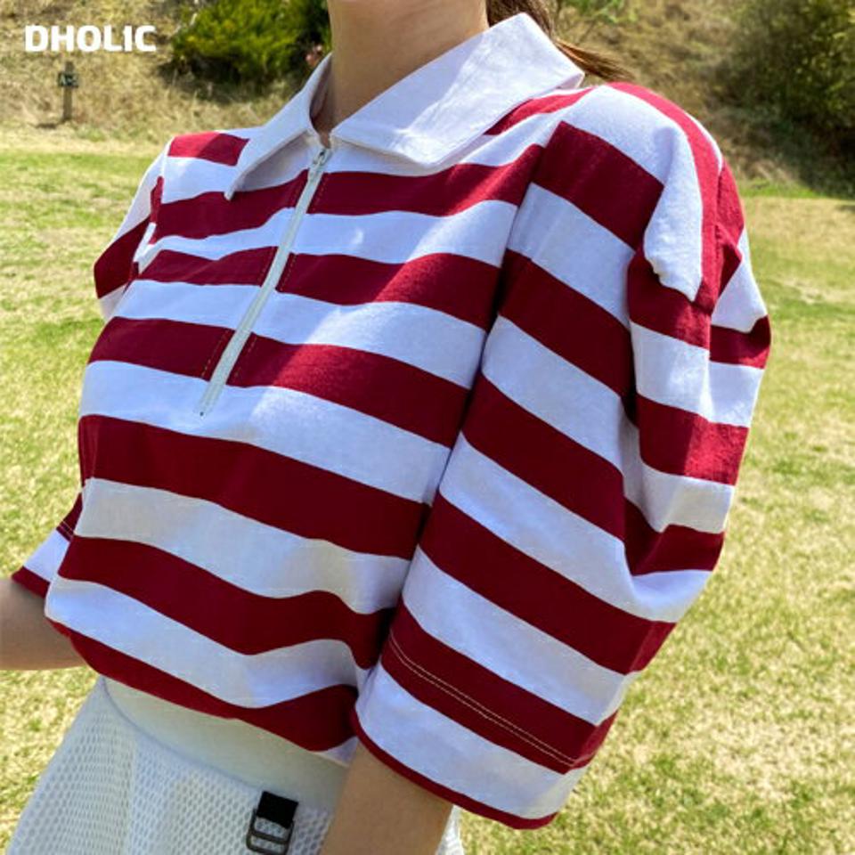 ボーダーハーフジップTシャツ・全2色・t02241 レディース 【tops】トップス Tシャツ 半袖 ハーフスリーブ ボーダー柄 ハーフジップ 襟コン ポロ襟 カジュアル かわいい 可愛い スリット 春 夏 韓国ファッション GOLFWEAR ゴルフウェア