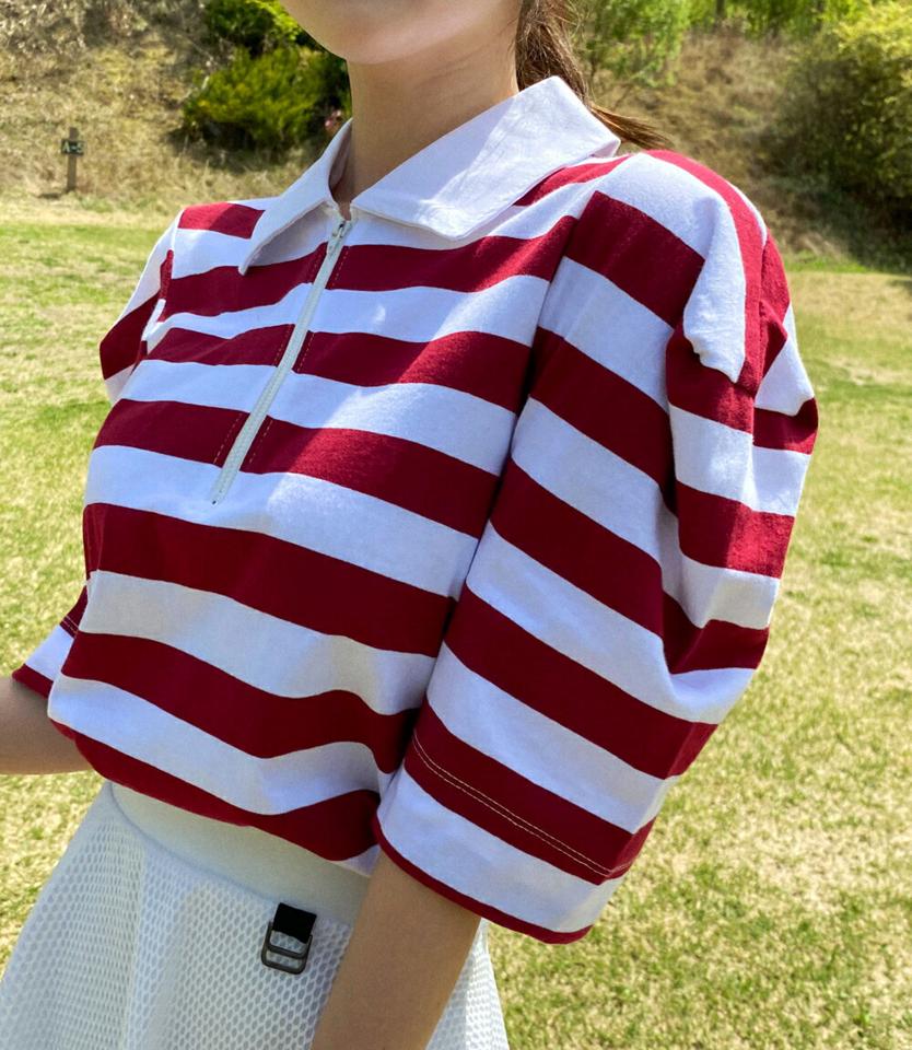 ボーダーハーフジップTシャツ・全2色・t02241 レディース 【tops】トップス Tシャツ 半袖 ハーフスリーブ ボーダー柄 ハーフジップ 襟コン ポロ襟 カジュアル かわいい 可愛い スリット 春 夏 韓国ファッション GOLFWEAR ゴルフウェア