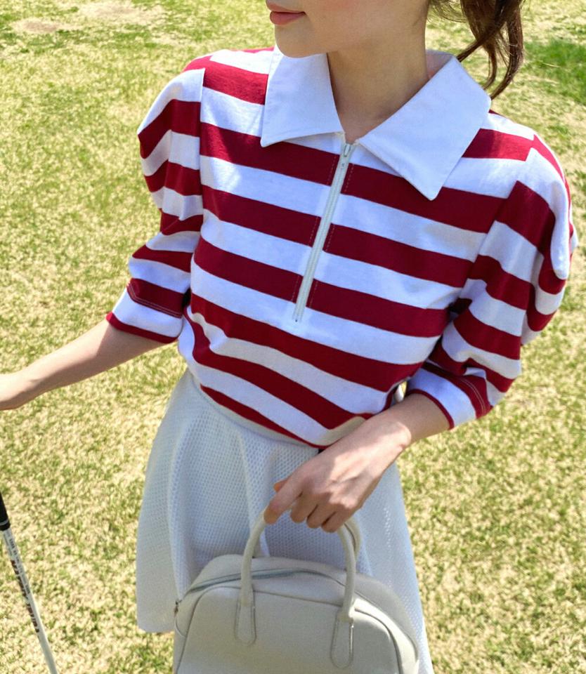 ボーダーハーフジップTシャツ・全2色・t02241 レディース 【tops】トップス Tシャツ 半袖 ハーフスリーブ ボーダー柄 ハーフジップ 襟コン ポロ襟 カジュアル かわいい 可愛い スリット 春 夏 韓国ファッション GOLFWEAR ゴルフウェア