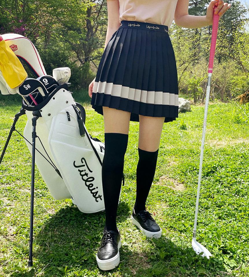 パンツ裏地レタリングプリーツスカート・全2色・b02259 レディース 【sk】スカート ミニスカート ライン 配色 ガーリー かわいい 可愛い プリーツ スカートパンツ Aライン ウエストゴム バイカラー スクールガール 春 夏 韓国ファッション GOLFWEAR ゴルフウェア