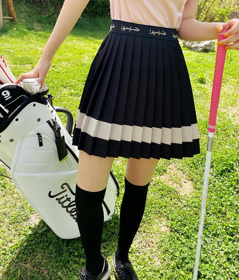 パンツ裏地レタリングプリーツスカート・全2色・b02259 レディース 【sk】スカート ミニスカート ライン 配色 ガーリー かわいい 可愛い プリーツ スカートパンツ Aライン ウエストゴム バイカラー スクールガール 春 夏 韓国ファッション GOLFWEAR ゴルフウェア