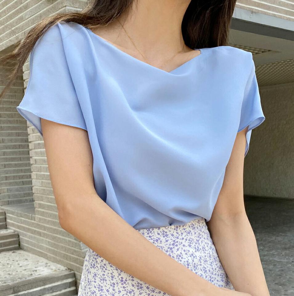 【4DAY限定SALE】ボートネック半袖ブラウス・全5色・b66642 レディース 【bl】トップス ブラウス 半袖 ボートネック 単色 無地 シンプル きれいめ 上品 大人 オフィスカジュアル 学校行事 ナチュラル パステル 水色 春 夏 韓国ファッション