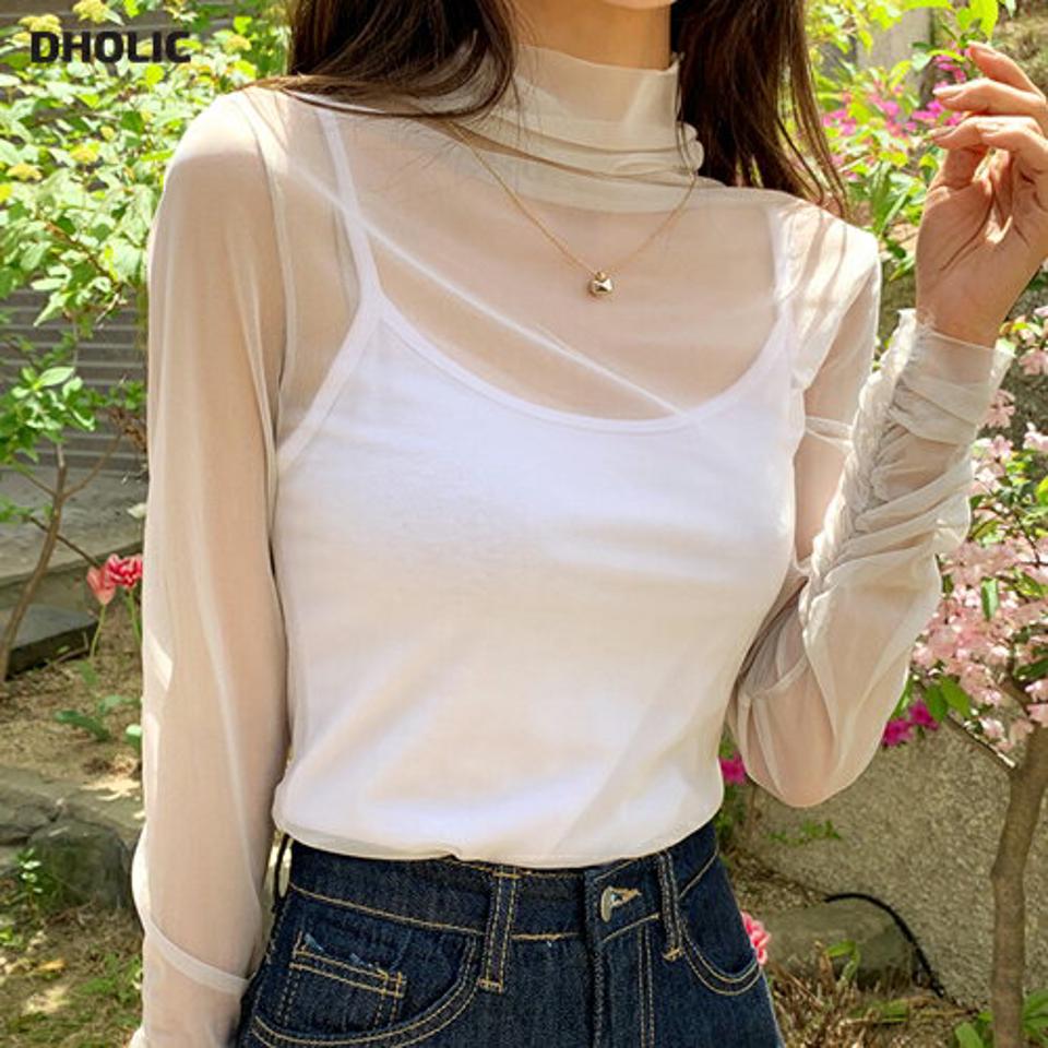 シースルーハイネックブラウス・全9色・t66634 レディース 【bl】トップス ブラウス 長袖 ハイネック 透け感 シアー シースルー レイヤード 大人 シンプル 単色 カジュアル フェミニン 春 秋 ワンホン 韓国ファッション