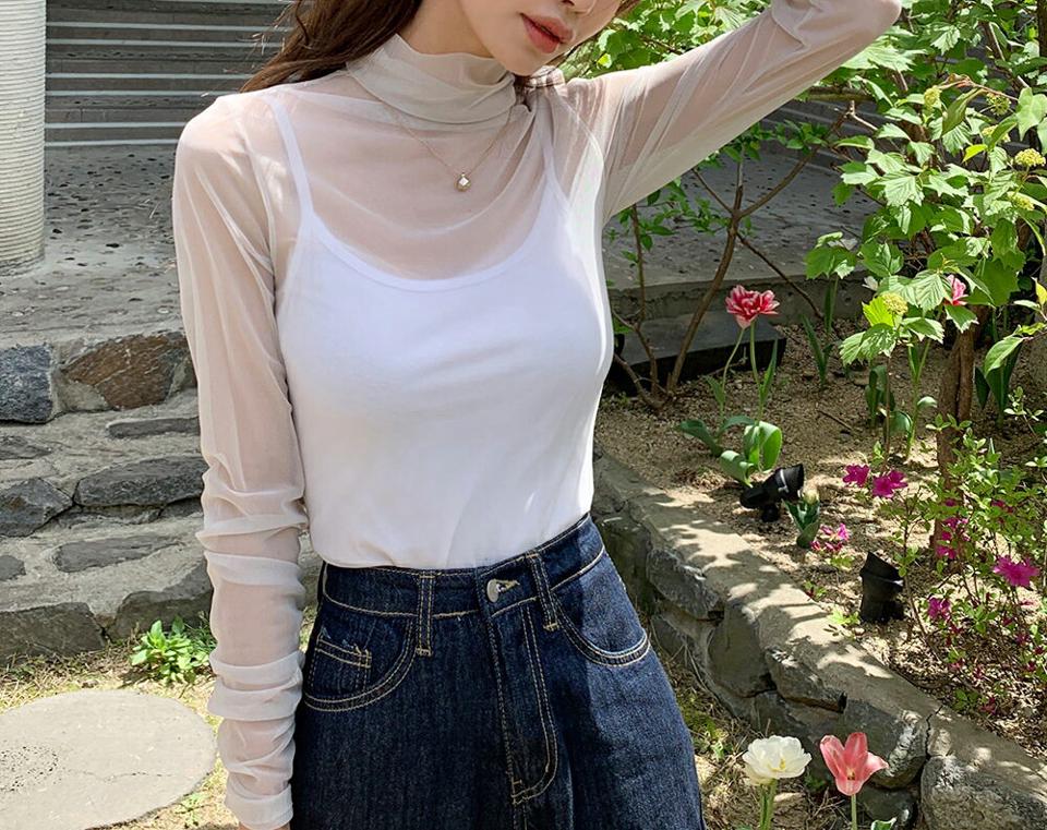 シースルーハイネックブラウス・全9色・t66634 レディース 【bl】トップス ブラウス 長袖 ハイネック 透け感 シアー シースルー レイヤード 大人 シンプル 単色 カジュアル フェミニン 春 秋 ワンホン 韓国ファッション