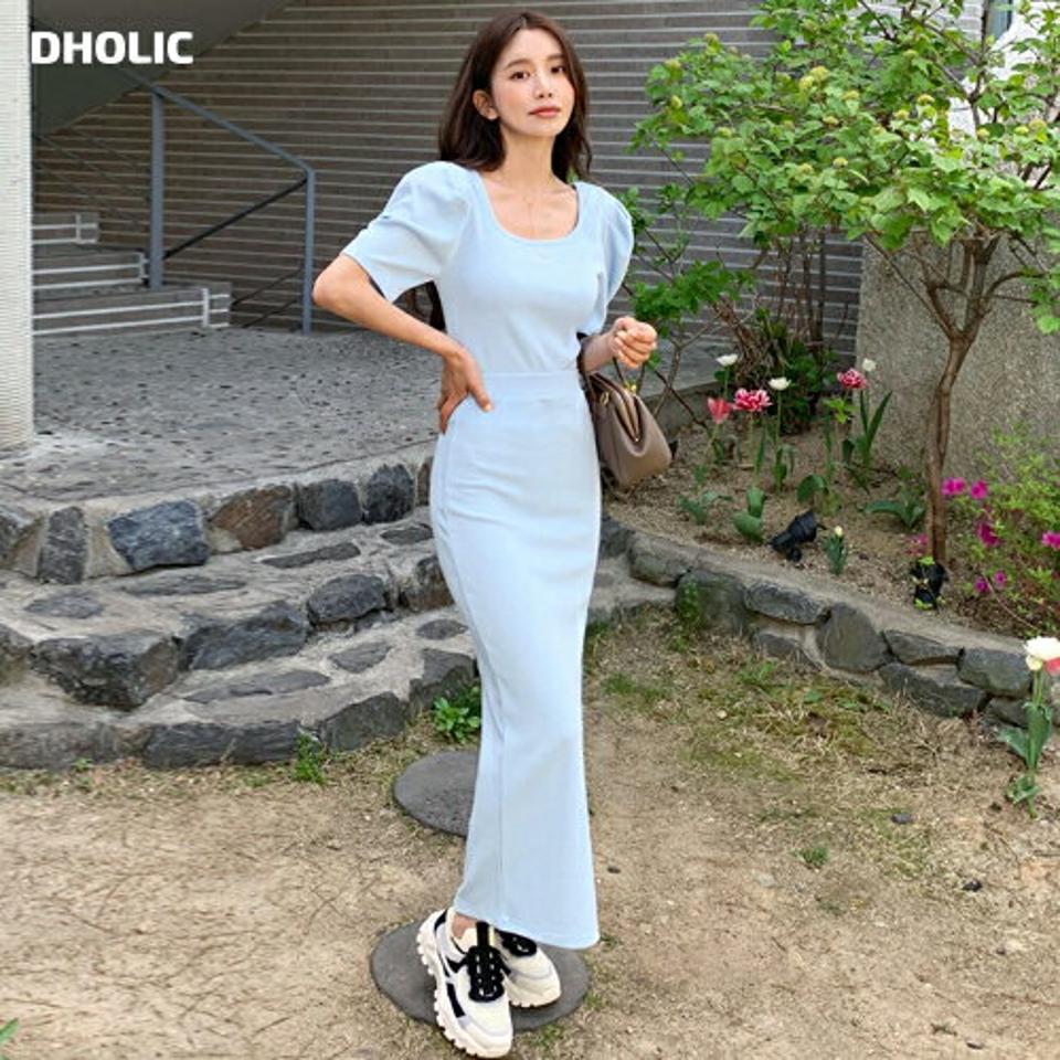 リブスクエアネックTシャツ&スリットスカートSET・全3色・t66652 レディース 【sk】セットアップ setup トップス 半袖 ハーフスリーブ パフスリーブ スクエアネック デコルテ スカート ロング 単色 無地 シンプル マーメイド 水色 春 夏 韓国ファッション