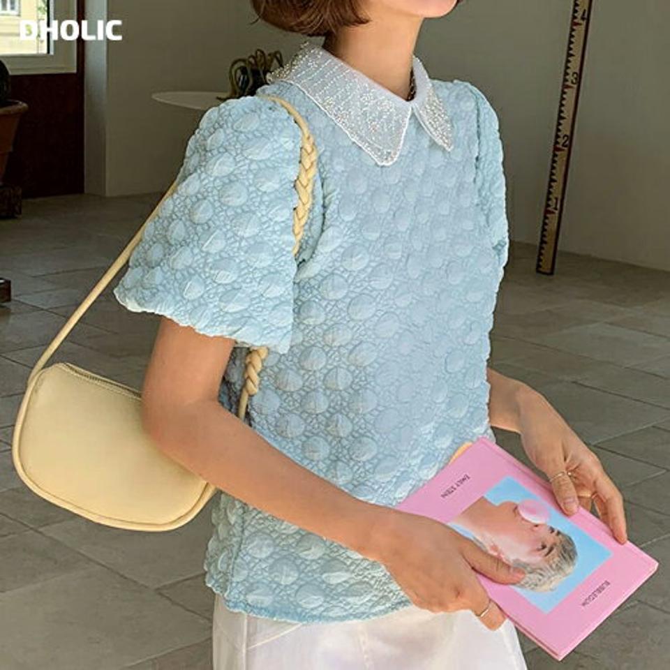 エンボスビーズカラーブラウス・全3色・b66644 レディース 【bl】トップス ブラウス 半袖 エンボス 襟コン ガーリー かわいい 可愛い シアー シースルー 透け感 バルーンスリーブ ポップコーン 春 夏 韓国ファッション