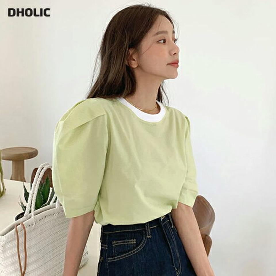 配色リンクルパフTシャツ・全3色・t66641 レディース 【tops】トップス Tシャツ 半袖 リンクル パフスリーブ パフ袖 単色 シンプル 配色 かわいい 可愛い ラウンドネック 肩パッド 春 夏 韓国ファッション