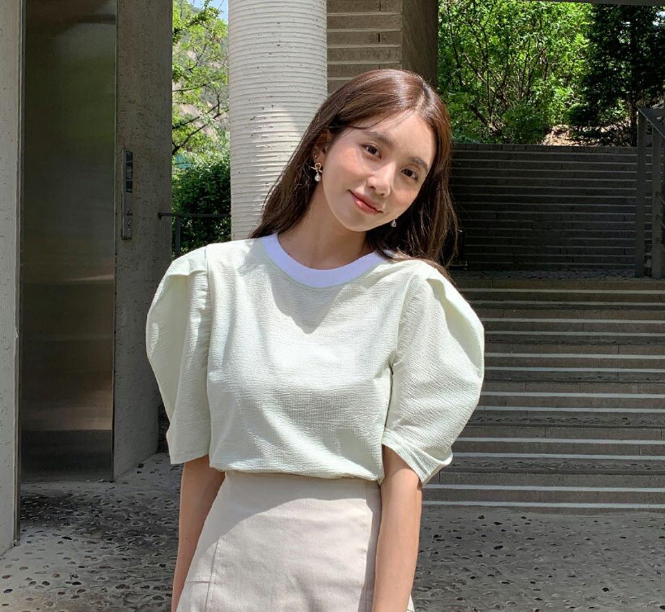 配色リンクルパフTシャツ・全3色・t66641 レディース 【tops】トップス Tシャツ 半袖 リンクル パフスリーブ パフ袖 単色 シンプル 配色 かわいい 可愛い ラウンドネック 肩パッド 春 夏 韓国ファッション