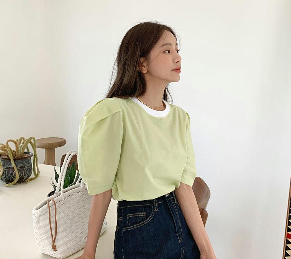 配色リンクルパフTシャツ・全3色・t66641 レディース 【tops】トップス Tシャツ 半袖 リンクル パフスリーブ パフ袖 単色 シンプル 配色 かわいい 可愛い ラウンドネック 肩パッド 春 夏 韓国ファッション