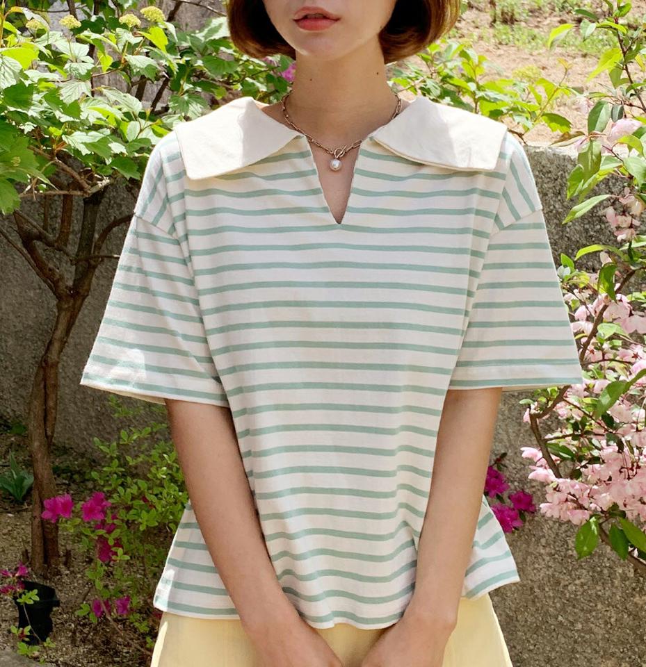 ビッグセーラーカラーボーダーTシャツ・全3色・b66640 レディース 【tops】トップス Tシャツ 半袖 ハーフスリーブ ボーダー柄 襟コン セーラーカラー 大きい襟 カジュアル ラフ かわいい スリットネック ドロップショルダー 春 夏 韓国ファッション