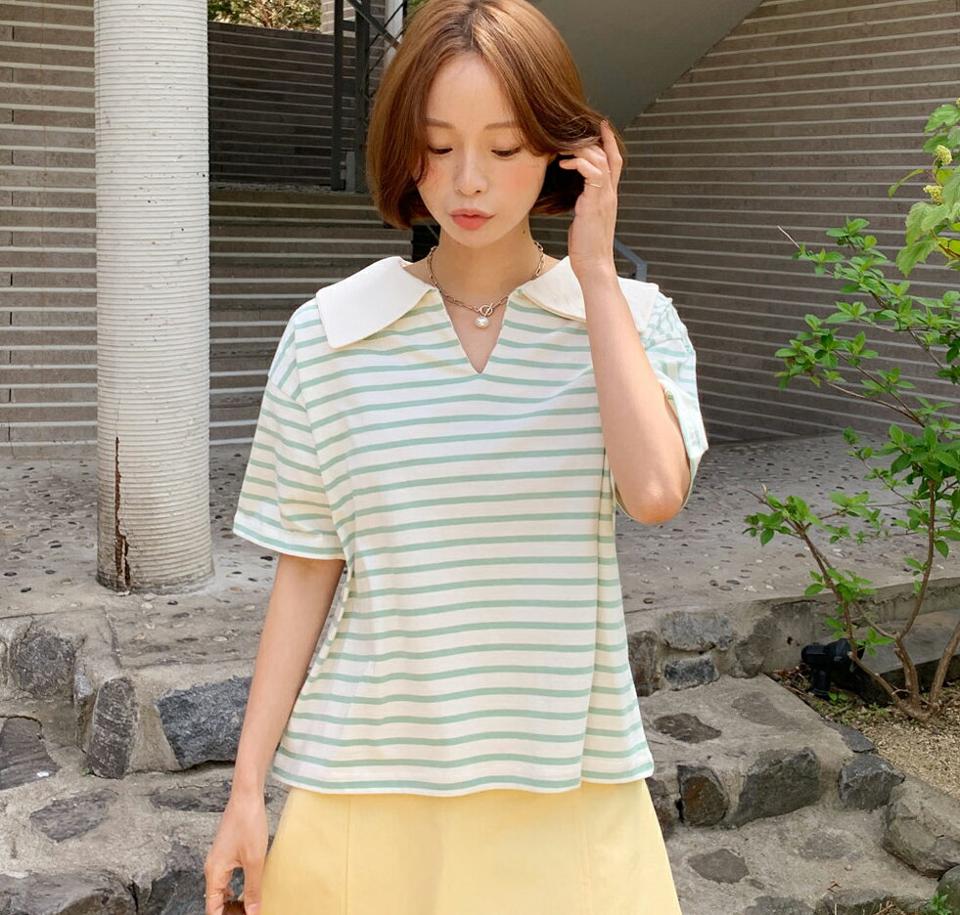 ビッグセーラーカラーボーダーTシャツ・全3色・b66640 レディース 【tops】トップス Tシャツ 半袖 ハーフスリーブ ボーダー柄 襟コン セーラーカラー 大きい襟 カジュアル ラフ かわいい スリットネック ドロップショルダー 春 夏 韓国ファッション
