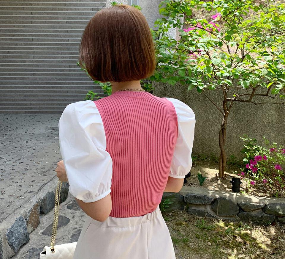 パフコントラストニット・全4色・t66646 レディース 【tops】トップス ニット 異素材 半袖 ハーフスリーブ パフスリーブ パフ袖 コントラスト かわいい 可愛い リブ ガーリー 体型カバー 二の腕カバー 春 夏 韓国ファッション