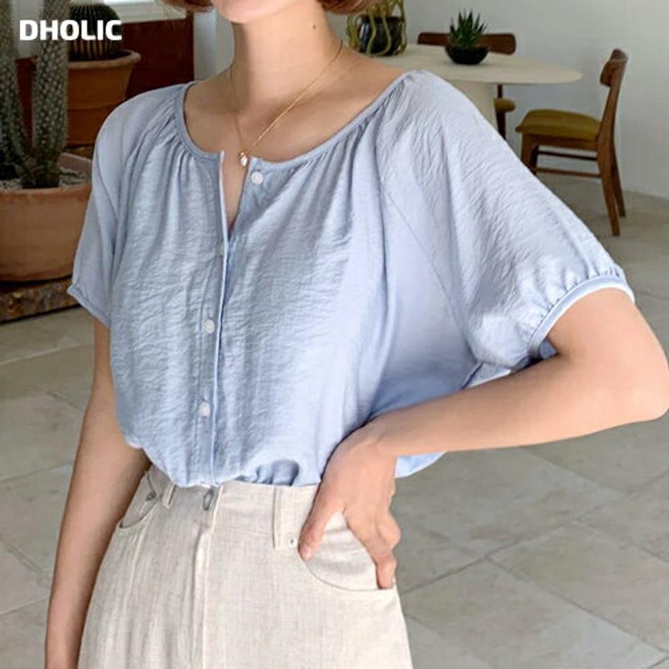 2WAYラグランギャザーブラウス・全4色・t66643 レディース 【bl】トップス ブラウス 半袖 ギャザー 単色 無地 シンプル 大人 前後着用自由 パフ袖 パフスリーブ ラウンドネック 春 夏 韓国ファッション