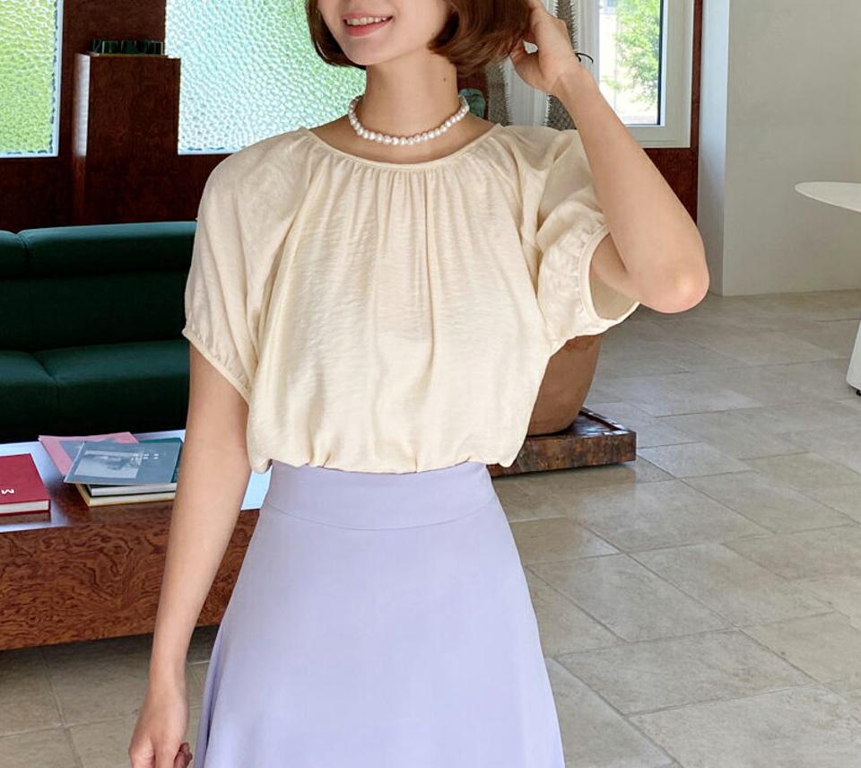 2WAYラグランギャザーブラウス・全4色・t66643 レディース 【bl】トップス ブラウス 半袖 ギャザー 単色 無地 シンプル 大人 前後着用自由 パフ袖 パフスリーブ ラウンドネック 春 夏 韓国ファッション