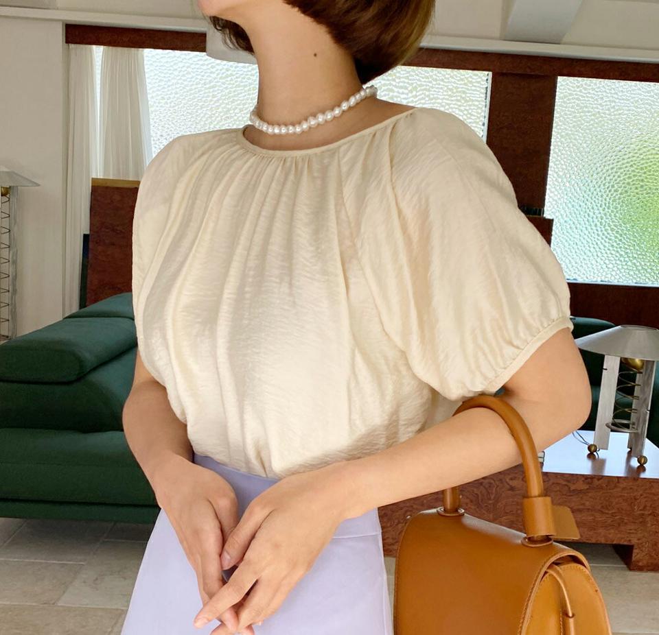 2WAYラグランギャザーブラウス・全4色・t66643 レディース 【bl】トップス ブラウス 半袖 ギャザー 単色 無地 シンプル 大人 前後着用自由 パフ袖 パフスリーブ ラウンドネック 春 夏 韓国ファッション