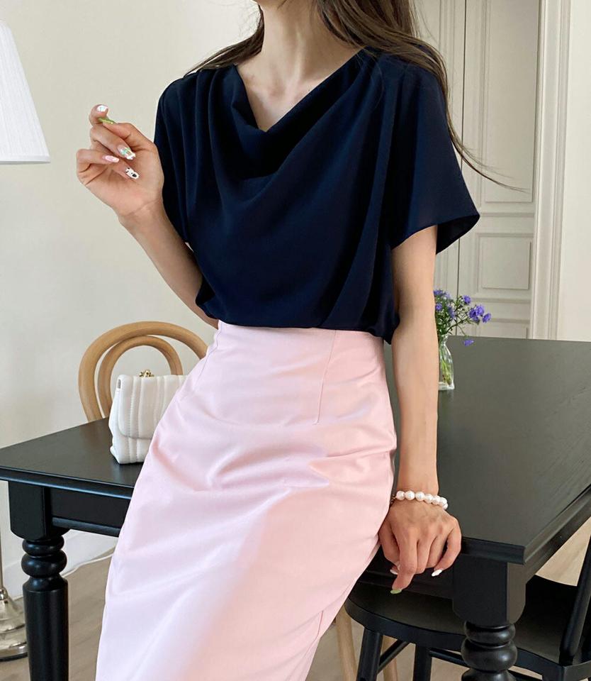 ドレープネックブラウス・全3色・b00589 レディース 【bl】トップス ブラウス 半袖 ドレープ 単色 無地 シンプル フェミニン きれいめ 上品 大人 オフィスカジュアル 学校行事 春 夏 韓国ファッション