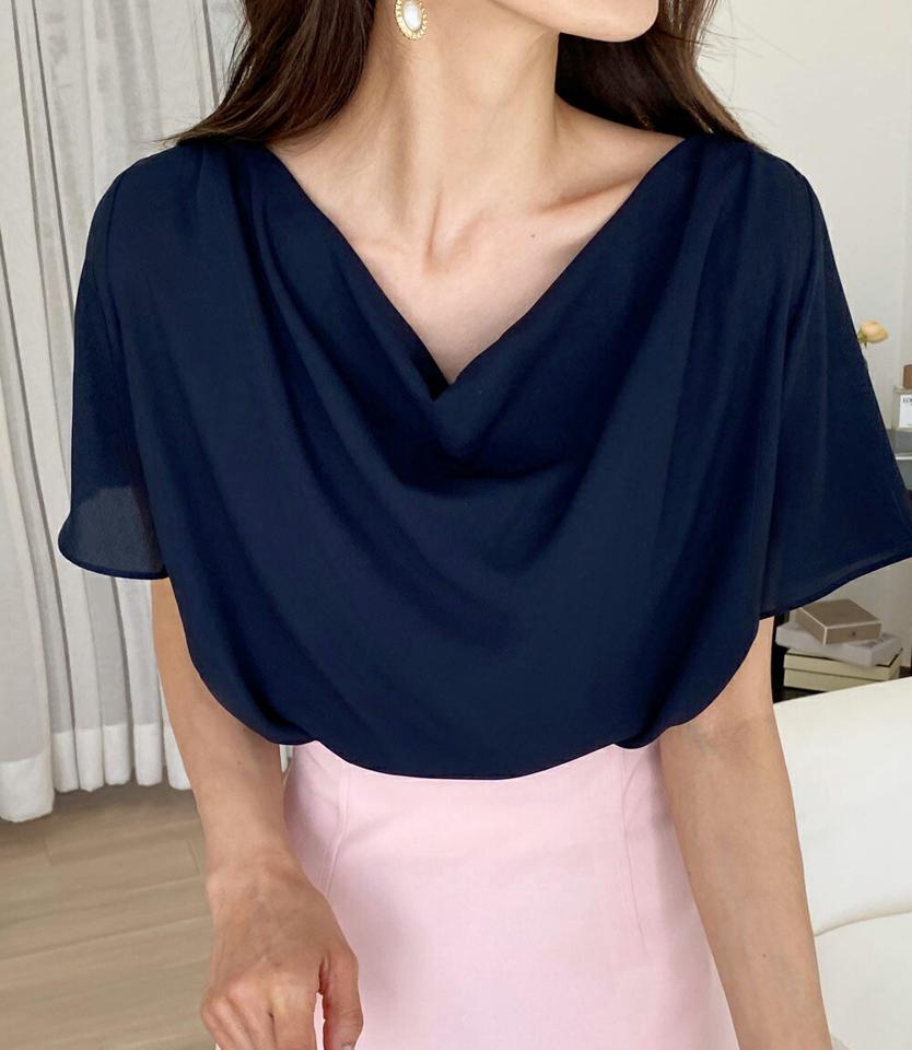 ドレープネックブラウス・全3色・b00589 レディース 【bl】トップス ブラウス 半袖 ドレープ 単色 無地 シンプル フェミニン きれいめ 上品 大人 オフィスカジュアル 学校行事 春 夏 韓国ファッション