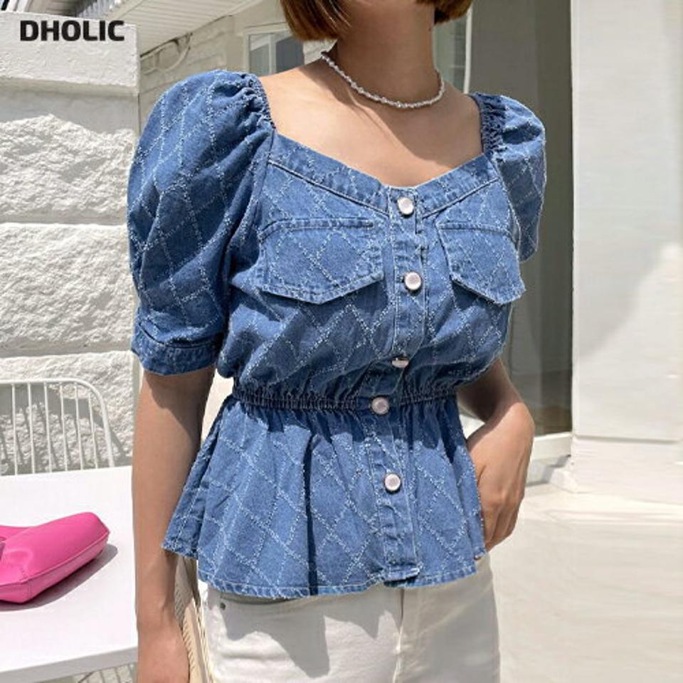 ペプラムデニムブラウス・全1色・t00587 レディース 【bl】トップス ブラウス 半袖 ハーフスリーブ パフスリーブ ペプラム デニム ダイヤ柄 デコルテ 鎖骨 カジュアル かわいい 可愛い 大人 ガーリー ゴム y2k 春 夏 韓国ファッション