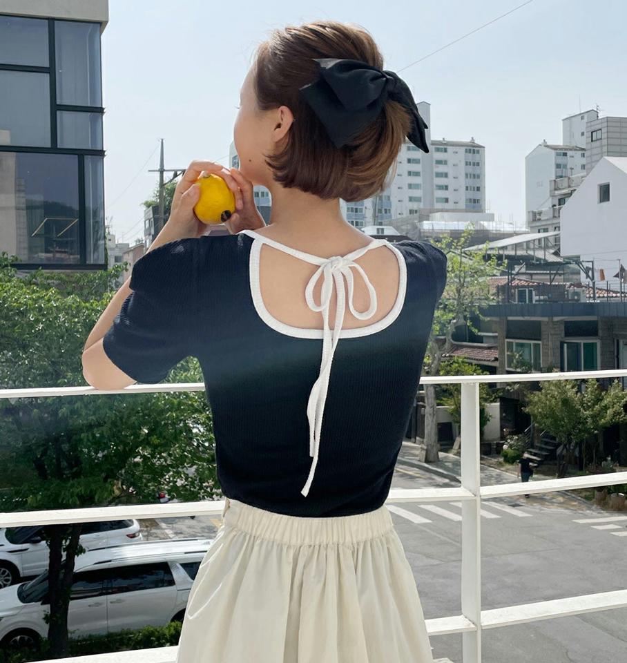 バックリボンリブ半袖Tシャツ・全3色・t00583 レディース 【tops】トップス 半袖 リブ バックリボン バックシャン 背中見せ 肌見せ かわいい 可愛い カジュアル パフ袖 パフスリーブ ラウドネック クロップド丈 春 夏 韓国ファッション