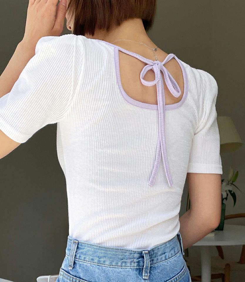 バックリボンリブ半袖Tシャツ・全3色・t00583 レディース 【tops】トップス 半袖 リブ バックリボン バックシャン 背中見せ 肌見せ かわいい 可愛い カジュアル パフ袖 パフスリーブ ラウドネック クロップド丈 春 夏 韓国ファッション
