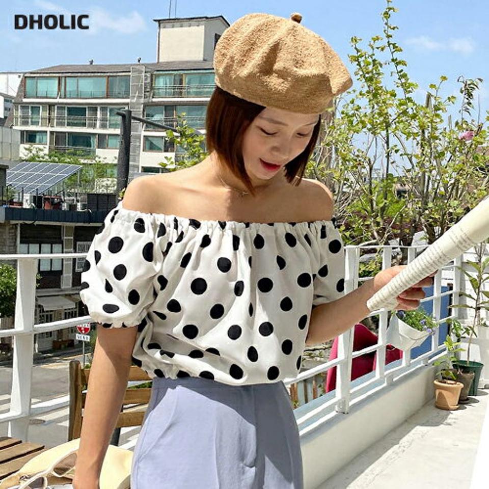 2WAYドットオフショルブラウス・全2色・t00590 レディース 【bl】トップス ブラウス 半袖 ハーフスリーブ ドット柄 オフショルダー かわいい 可愛い ガーリー ゴム 肩出し 春 夏 韓国ファッション