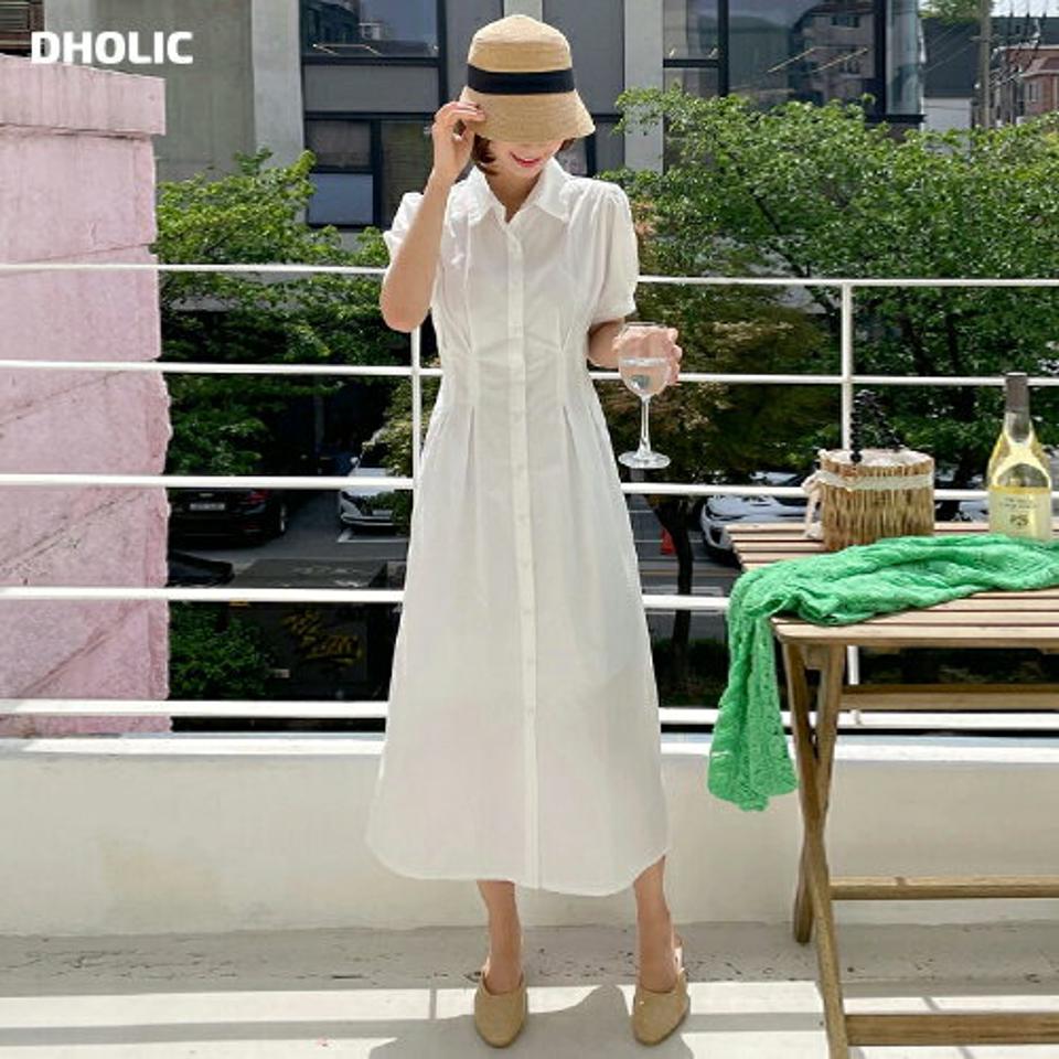 【マラソン特価】リボン半袖シャツワンピース・全4色・t00595 レディース 【ops】ワンピース ロング丈 ロングワンピース 半袖 ハーフスリーブ シャツワンピース 襟 単色 無地 シンプル 清楚 タック きれいめ フェミニン 上品 フレア 春 夏 韓国ファッション