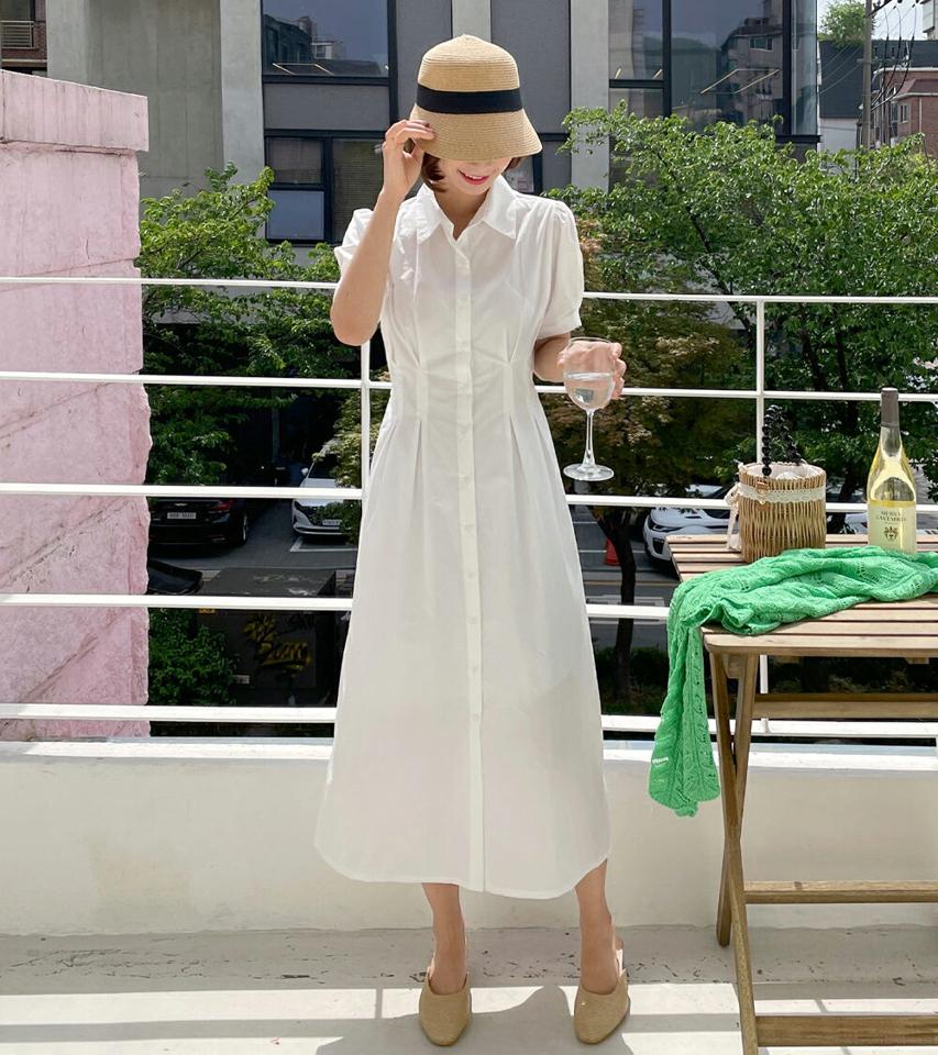 【マラソン特価】リボン半袖シャツワンピース・全4色・t00595 レディース 【ops】ワンピース ロング丈 ロングワンピース 半袖 ハーフスリーブ シャツワンピース 襟 単色 無地 シンプル 清楚 タック きれいめ フェミニン 上品 フレア 春 夏 韓国ファッション