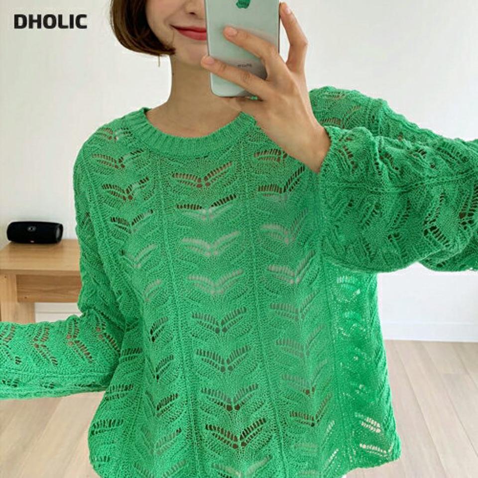 リーフパンチングラウンドニット・全4色・t00580 レディース 【tops】トップス ニット 長袖 カラーニット 透け感 シアー シースルー パンチング カジュアル ラフ シンプル ルーズ ドロップショルダー 春 秋 韓国ファッション