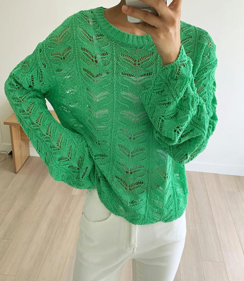 リーフパンチングラウンドニット・全4色・t00580 レディース 【tops】トップス ニット 長袖 カラーニット 透け感 シアー シースルー パンチング カジュアル ラフ シンプル ルーズ ドロップショルダー 春 秋 韓国ファッション